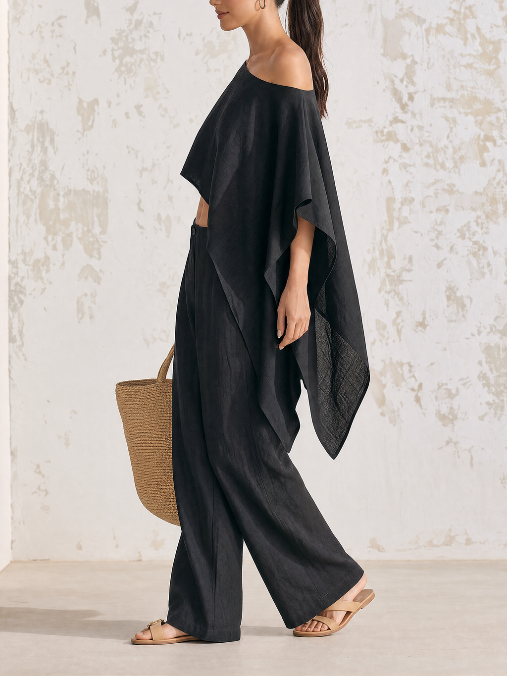 Black Washed Linen Two Piece Outfit, Off Shoulder Irregular Crop Top & Button Front Wide Leg Pants Vacation Matching Set