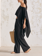 Black Washed Linen Two Piece Outfit, Off Shoulder Irregular Crop Top & Button Front Wide Leg Pants Vacation Matching Set