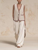 Contrast Trim Knit Vest & Wide-Leg Pants Set – Minimalist Two-Piece Outfit