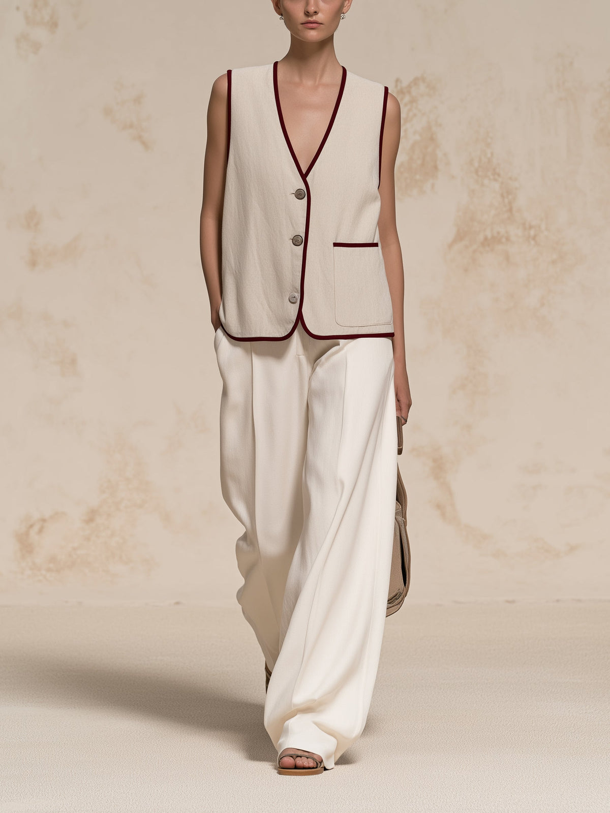 Contrast Trim Knit Vest & Wide-Leg Pants Set – Minimalist Two-Piece Outfit