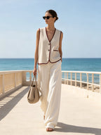 Contrast Trim Knit Vest & Wide-Leg Pants Set – Minimalist Two-Piece Outfit