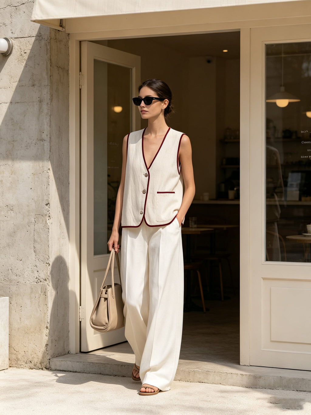Contrast Trim Knit Vest & Wide-Leg Pants Set – Minimalist Two-Piece Outfit