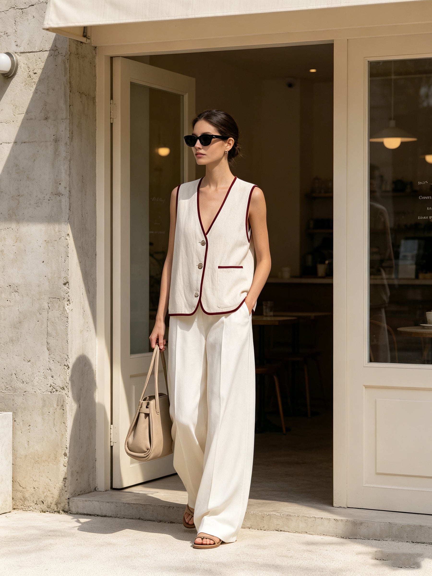 Contrast Trim Knit Vest & Wide-Leg Pants Set – Minimalist Two-Piece Outfit