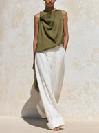 Minimalist Draped Halter Top & Wide-Leg Pants Set – Elegant Summer Two-Piece Outfit