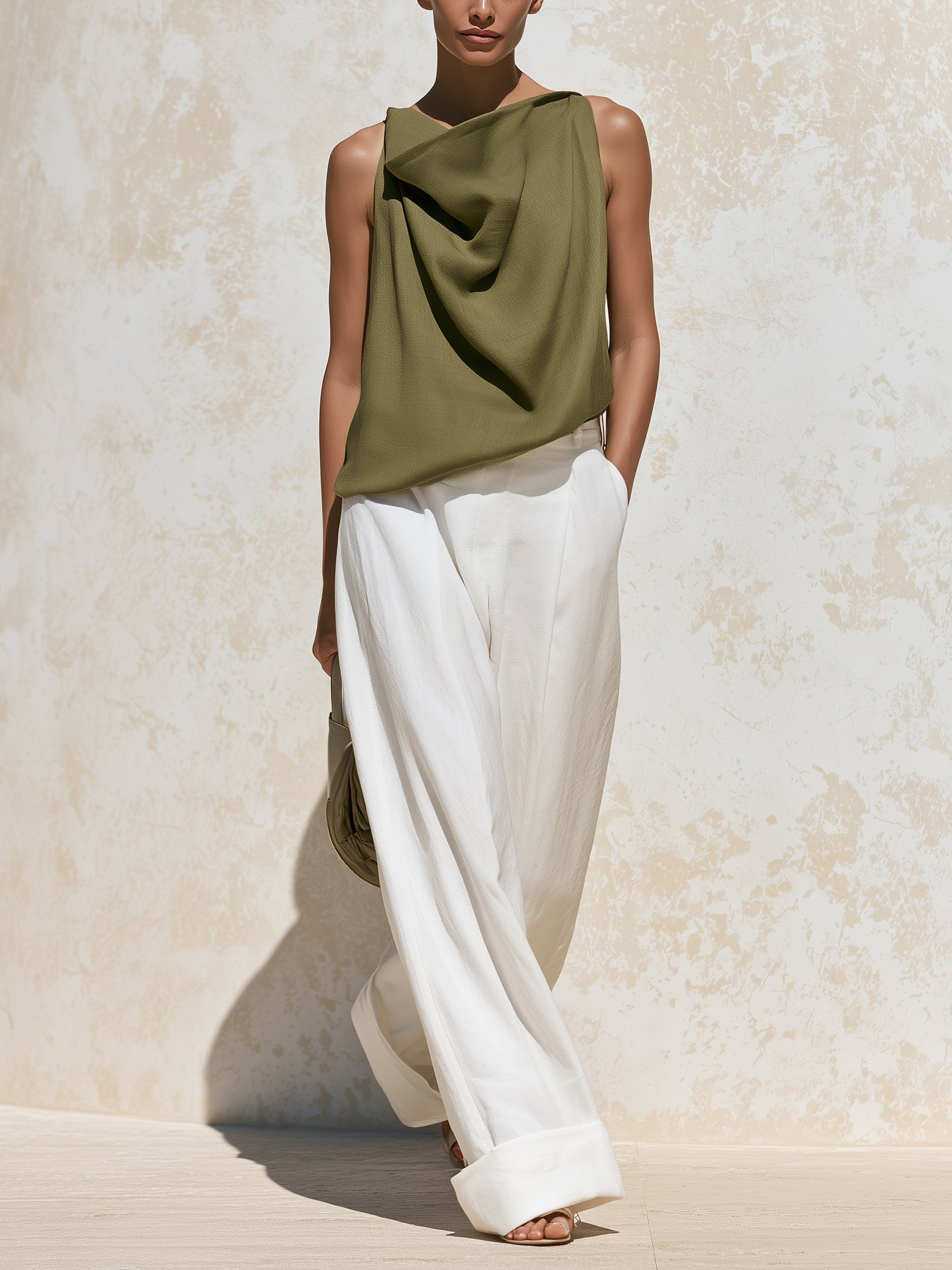 Minimalist Draped Halter Top & Wide-Leg Pants Set – Elegant Summer Two-Piece Outfit