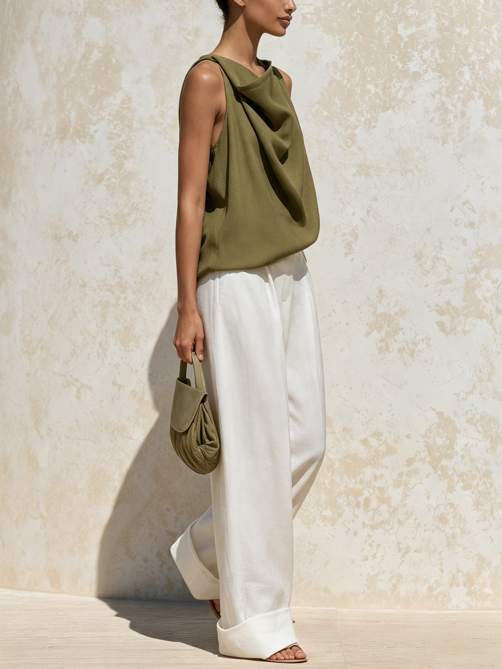 Minimalist Draped Halter Top & Wide-Leg Pants Set – Elegant Summer Two-Piece Outfit