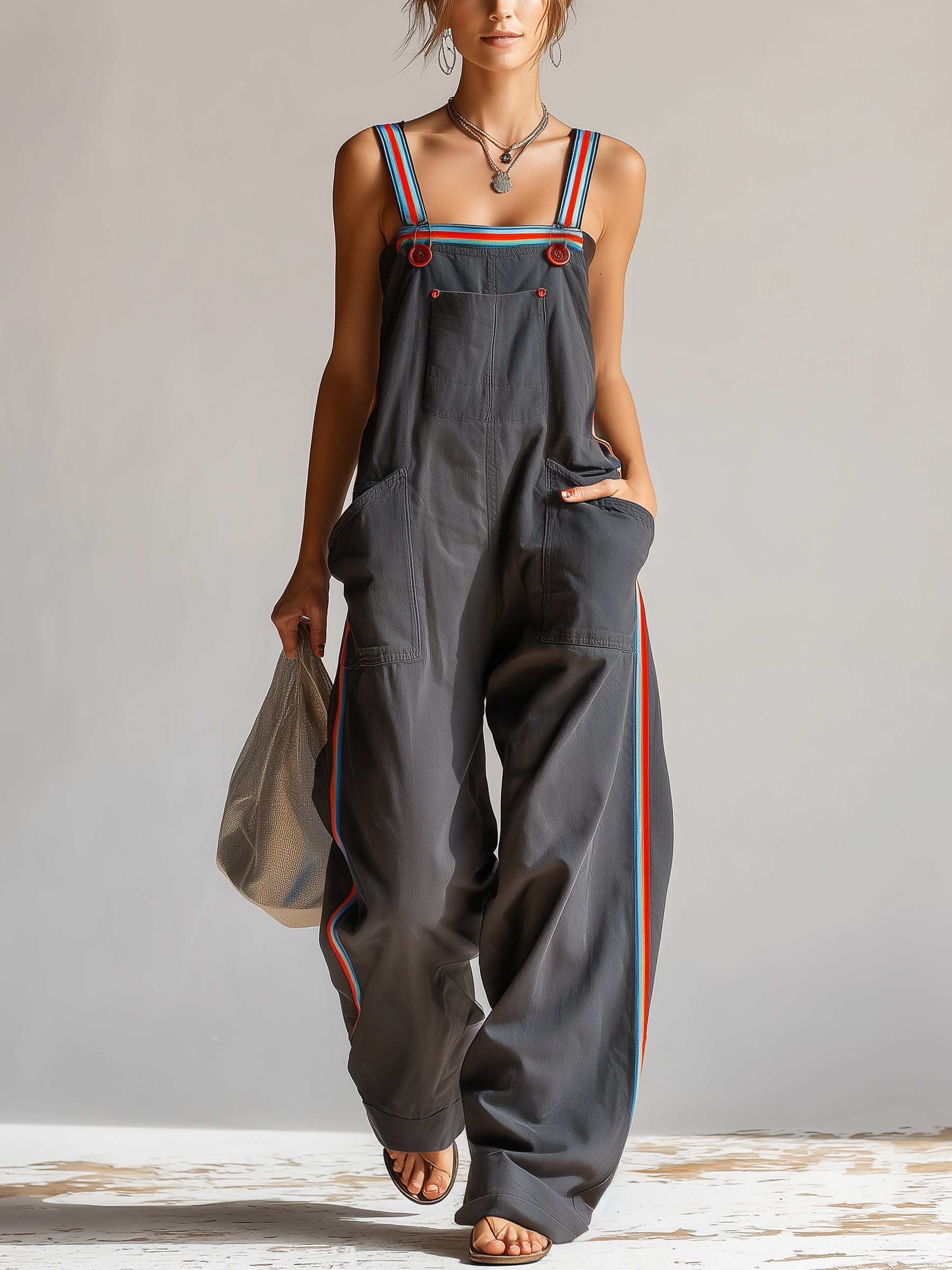Women’s Oversized Utility Overalls – Contrast Strap Wide Leg Cargo Jumpsuit With Pockets