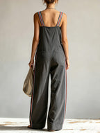 Women’s Oversized Utility Overalls – Contrast Strap Wide Leg Cargo Jumpsuit With Pockets