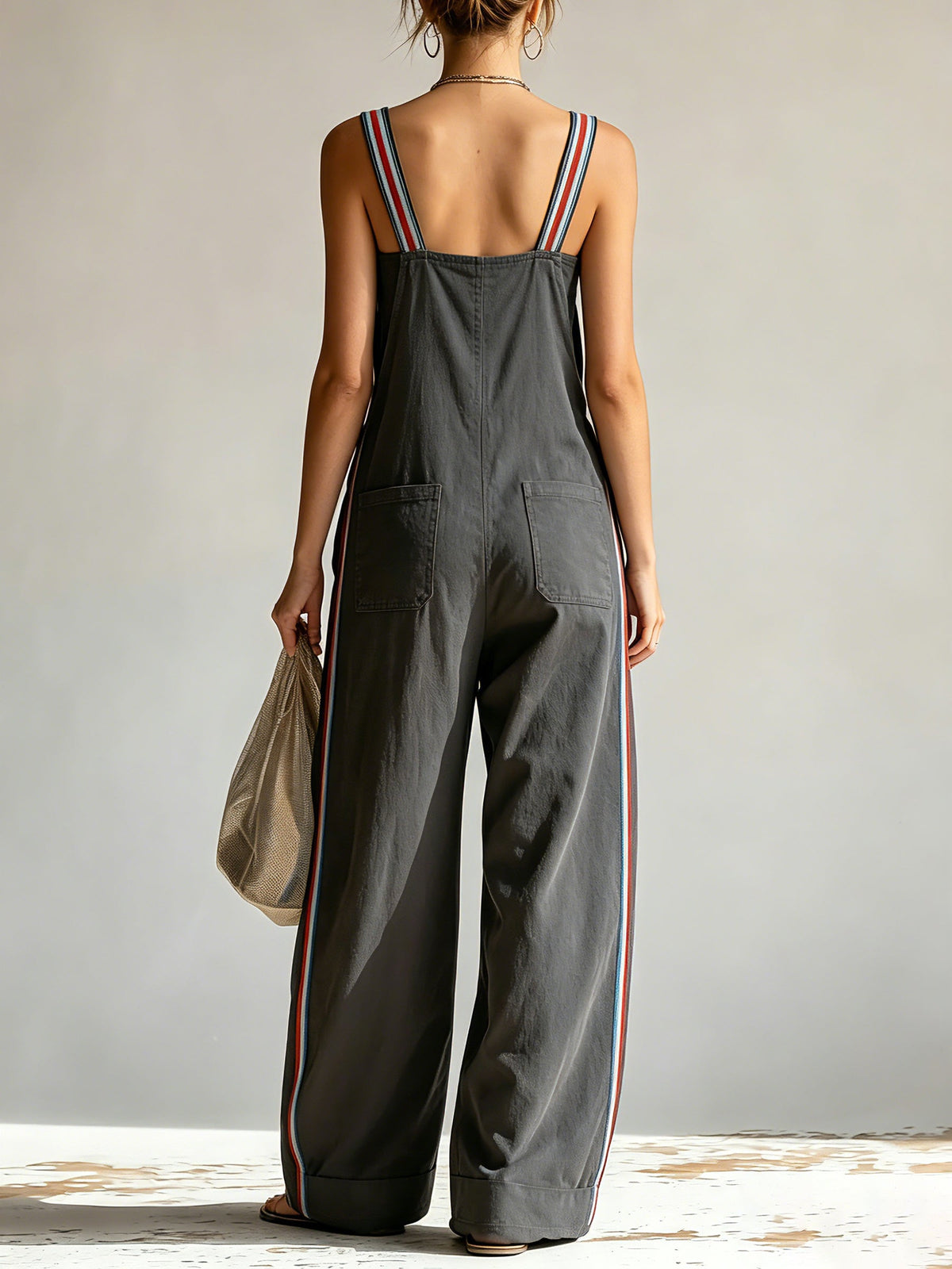 Women’s Oversized Utility Overalls – Contrast Strap Wide Leg Cargo Jumpsuit With Pockets