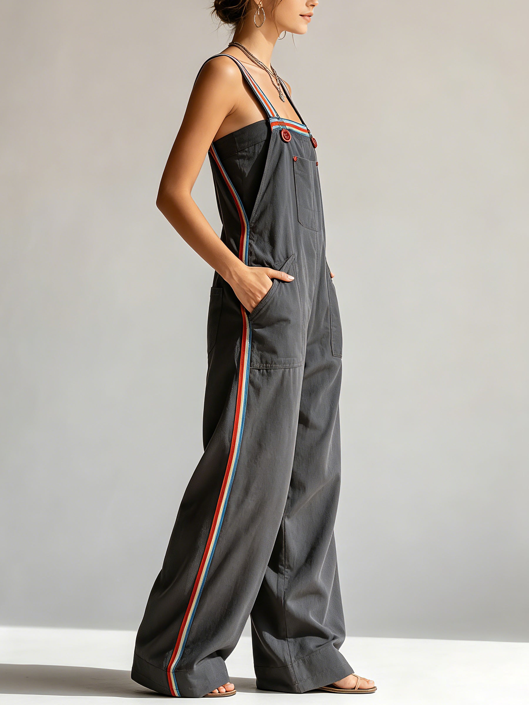 Women’s Oversized Utility Overalls – Contrast Strap Wide Leg Cargo Jumpsuit With Pockets