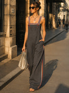 Women’s Oversized Utility Overalls – Contrast Strap Wide Leg Cargo Jumpsuit With Pockets