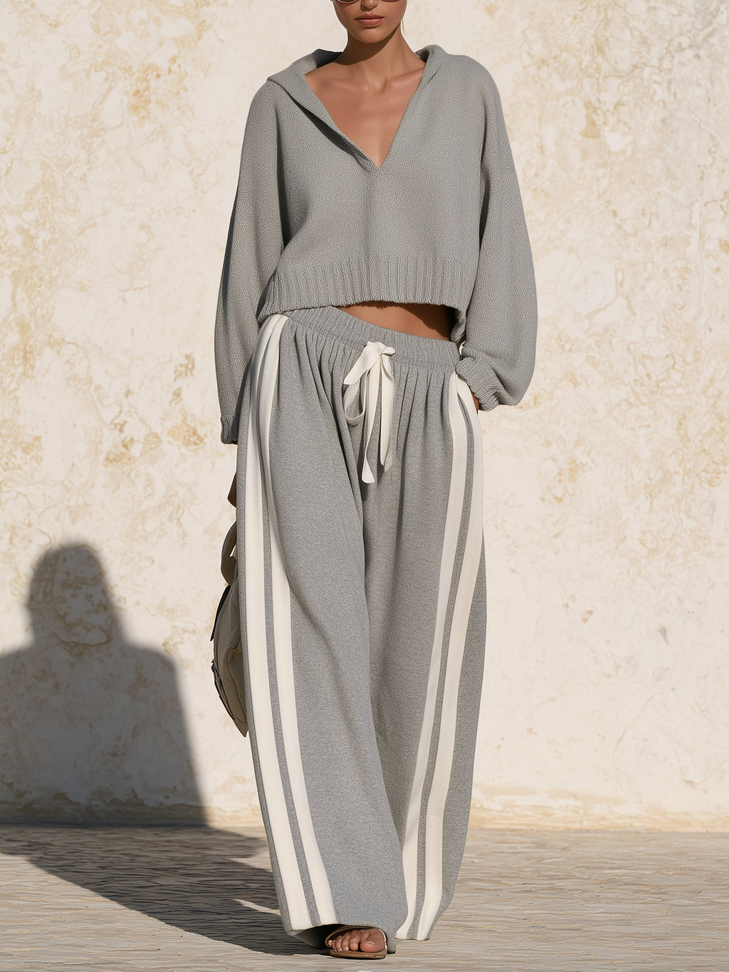 Minimalist Gray Hooded Knit Two-Piece Set