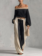 Women’s Off Shoulder Knit Two Piece Set – Elegant Long Sleeve Crop Top & Wide Leg Pants Lounge Outfit
