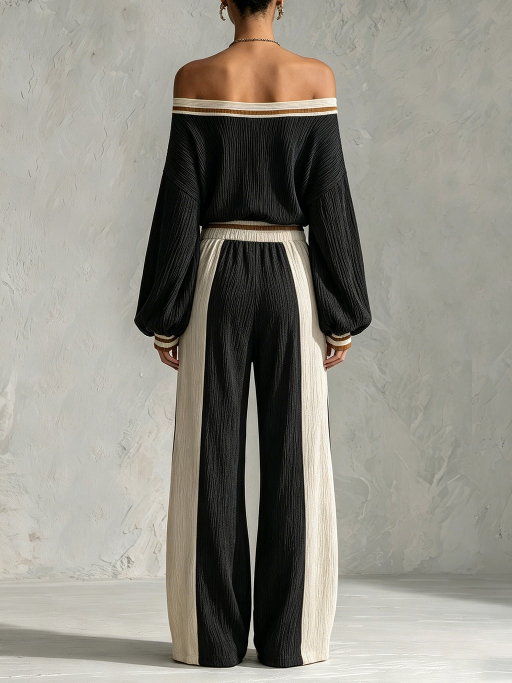 Women’s Off Shoulder Knit Two Piece Set – Elegant Long Sleeve Crop Top & Wide Leg Pants Lounge Outfit