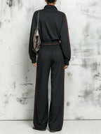 Women’s Black Contrast Trim Track Set – Zip Up Jacket & Wide Leg Jogger Pants Two Piece Outfit