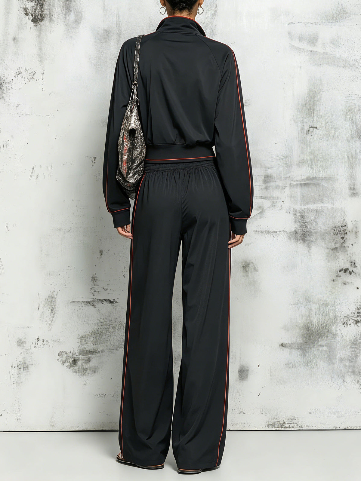 Women’s Black Contrast Trim Track Set – Zip Up Jacket & Wide Leg Jogger Pants Two Piece Outfit