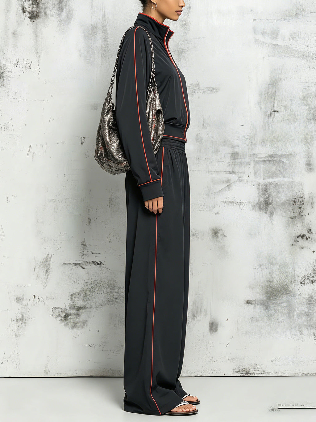 Women’s Black Contrast Trim Track Set – Zip Up Jacket & Wide Leg Jogger Pants Two Piece Outfit