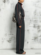 Women’s Black Contrast Trim Track Set – Zip Up Jacket & Wide Leg Jogger Pants Two Piece Outfit