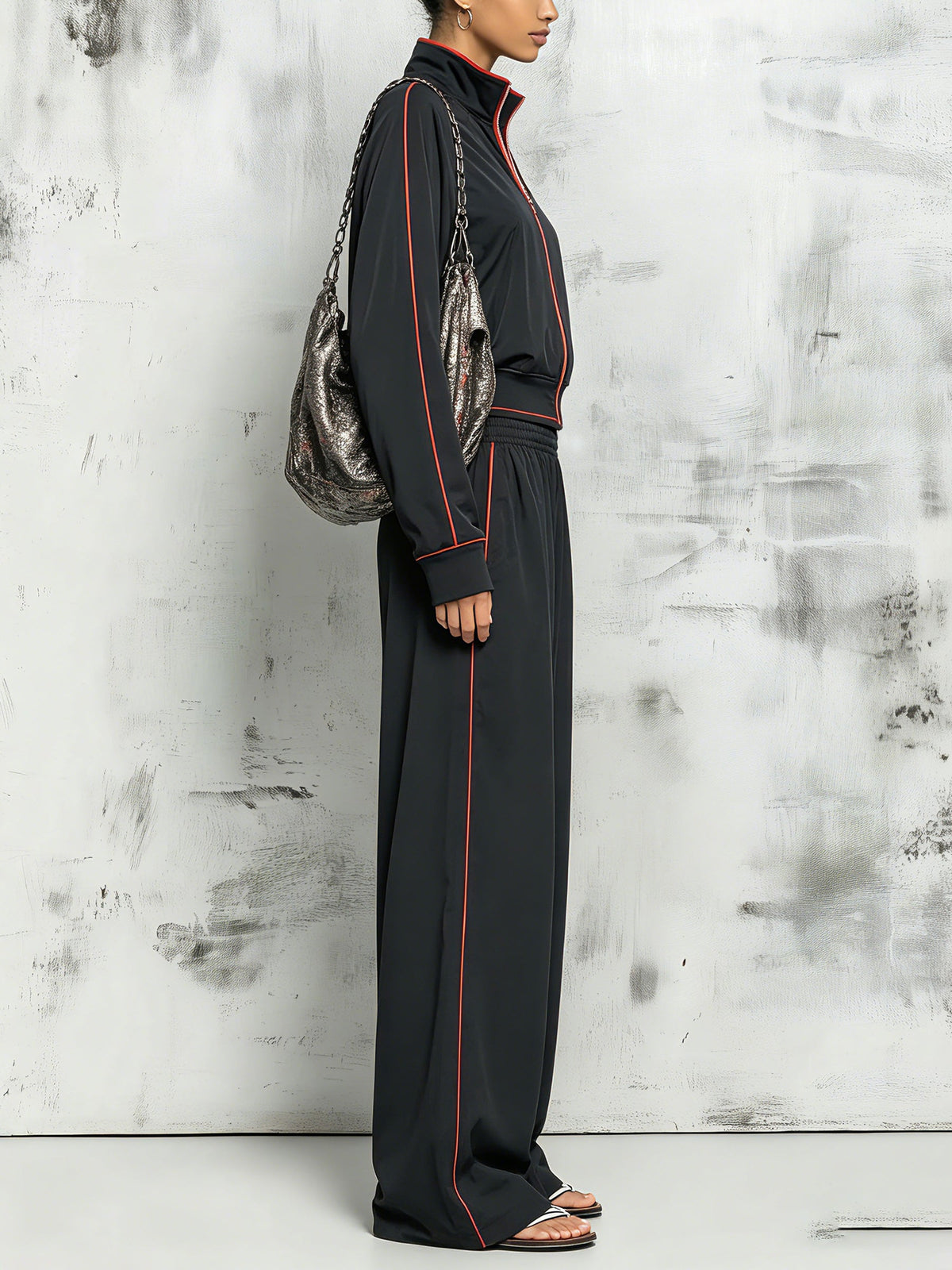 Women’s Black Contrast Trim Track Set – Zip Up Jacket & Wide Leg Jogger Pants Two Piece Outfit