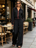 Women’s Black Contrast Trim Track Set – Zip Up Jacket & Wide Leg Jogger Pants Two Piece Outfit