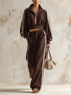 Women’s Oversized Brown Zip-Up Crop Jacket & Wide Leg Pants Set – Casual Streetwear Two Piece Tracksuit