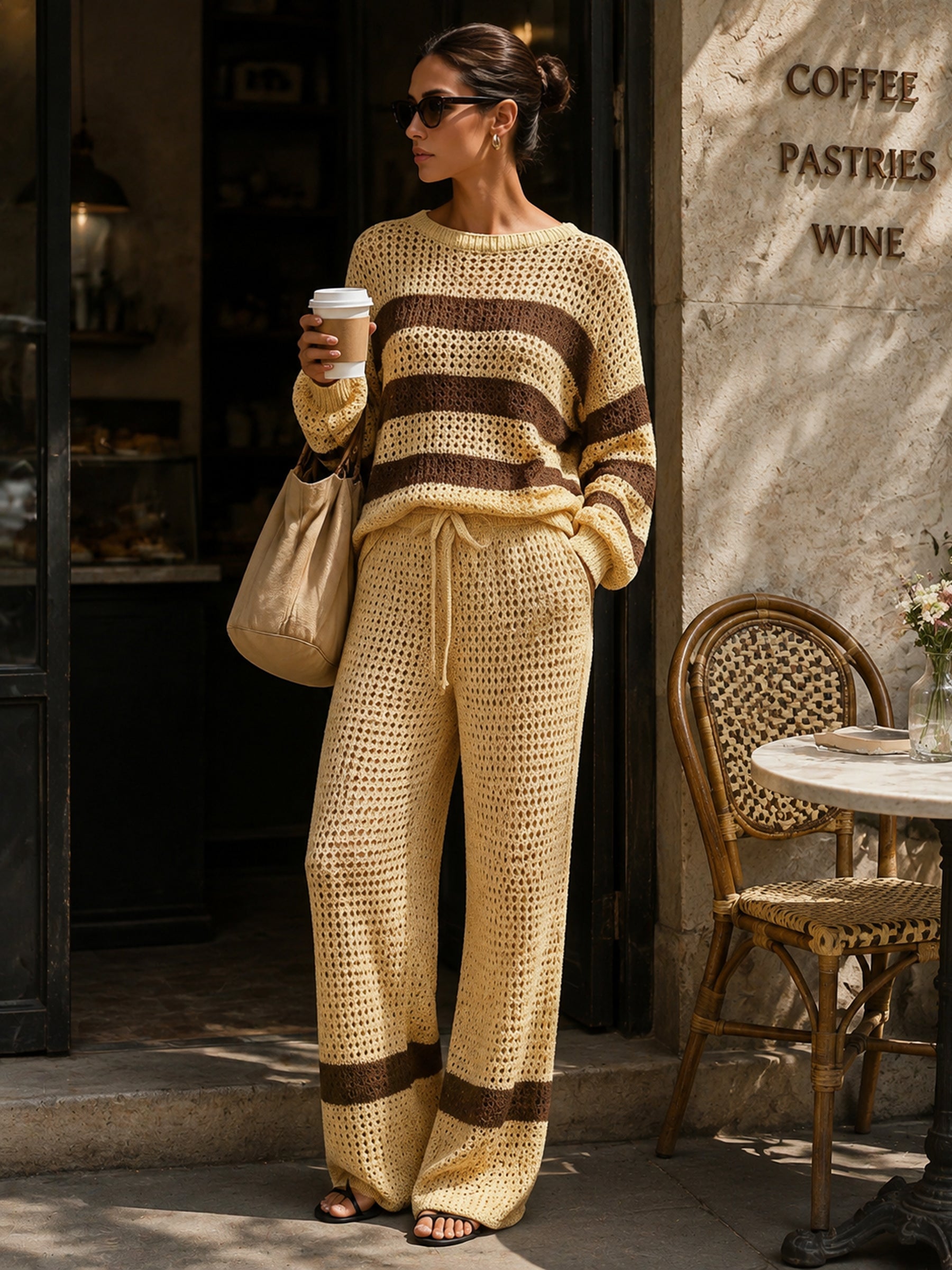 Women’s Striped Crochet Knit Two Piece Set