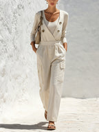 Women’s Cream Utility Jumpsuit – Elegant Long Sleeve Wrap Front Cargo Romper With Wide Leg Pants