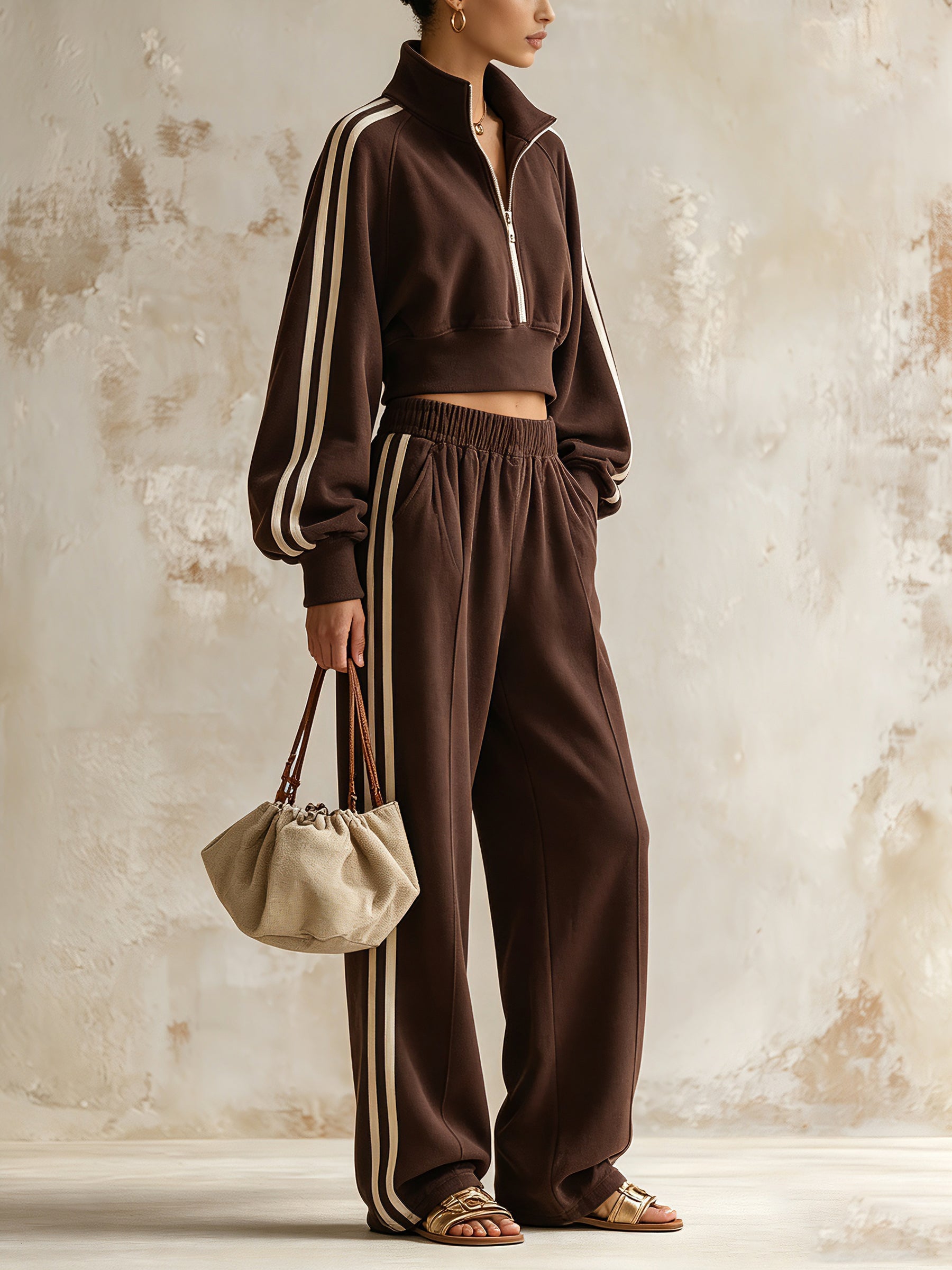Women’s Oversized Brown Zip-Up Crop Jacket & Wide Leg Pants Set – Casual Streetwear Two Piece Tracksuit