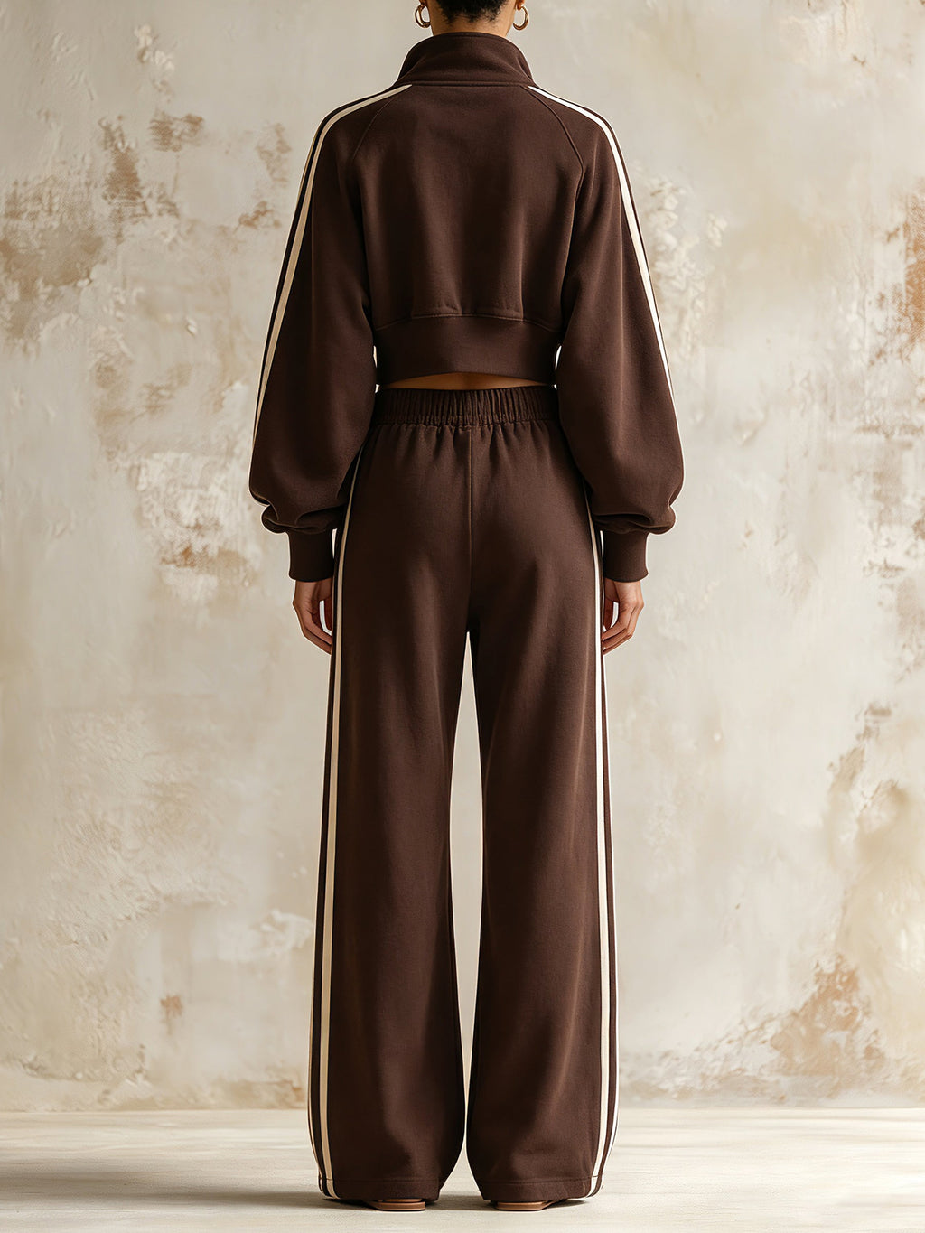 Women’s Oversized Brown Zip-Up Crop Jacket & Wide Leg Pants Set – Casual Streetwear Two Piece Tracksuit