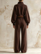 Women’s Oversized Brown Zip-Up Crop Jacket & Wide Leg Pants Set – Casual Streetwear Two Piece Tracksuit