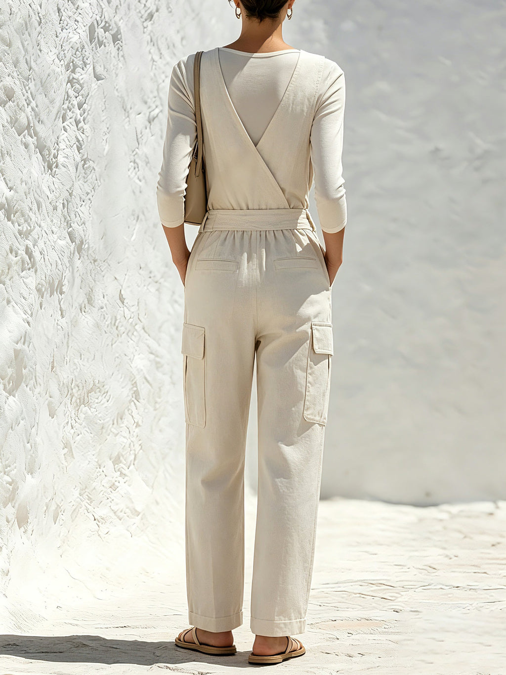 Women’s Cream Utility Jumpsuit – Elegant Long Sleeve Wrap Front Cargo Romper With Wide Leg Pants