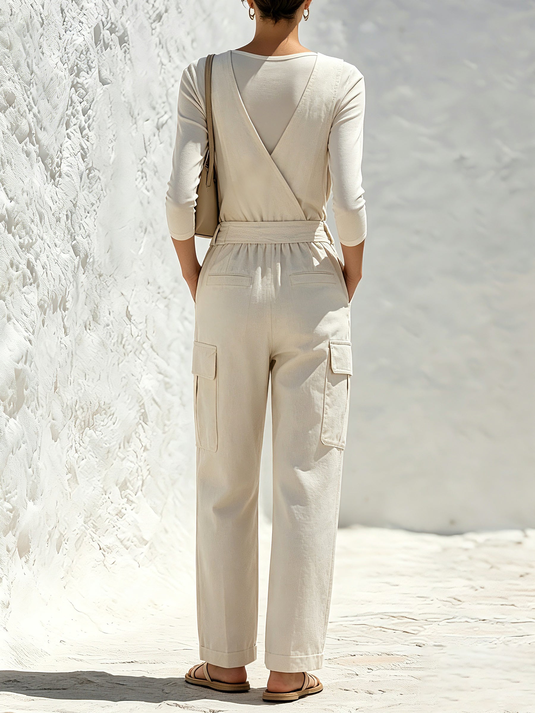 Women’s Cream Utility Jumpsuit – Elegant Long Sleeve Wrap Front Cargo Romper With Wide Leg Pants