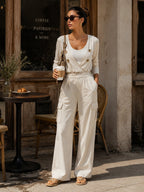 Women’s Cream Utility Jumpsuit – Elegant Long Sleeve Wrap Front Cargo Romper With Wide Leg Pants
