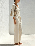 Women’s Cream Utility Jumpsuit – Elegant Long Sleeve Wrap Front Cargo Romper With Wide Leg Pants