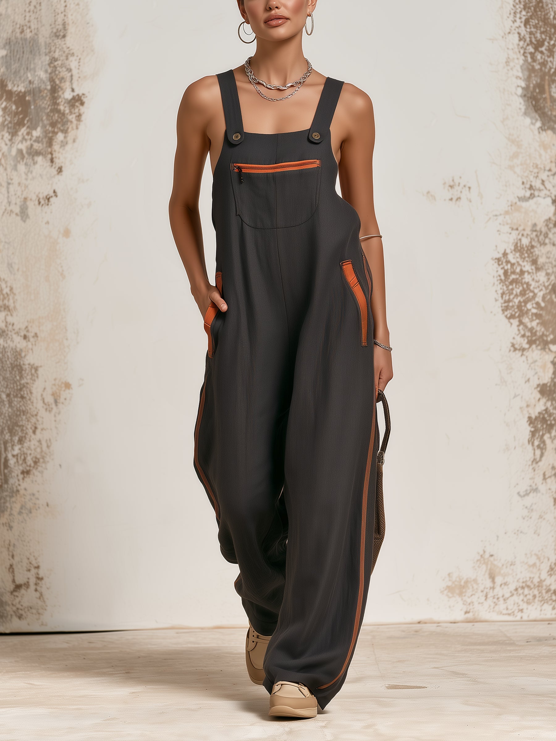 Dark Contrast Orange Trim Oversized Sling Jumpsuit Casual Loose Bib Overall Jumpsuit