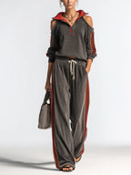 Women’s Contrast Stripe Tracksuit Set – Off Shoulder Hoodie Sweatshirt & Wide Leg Lounge Pants Two Piece Outfit