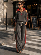Women’s Contrast Stripe Tracksuit Set – Off Shoulder Hoodie Sweatshirt & Wide Leg Lounge Pants Two Piece Outfit