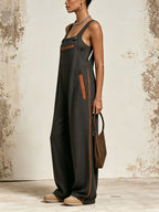 Dark Contrast Orange Trim Oversized Sling Jumpsuit Casual Loose Bib Overall Jumpsuit