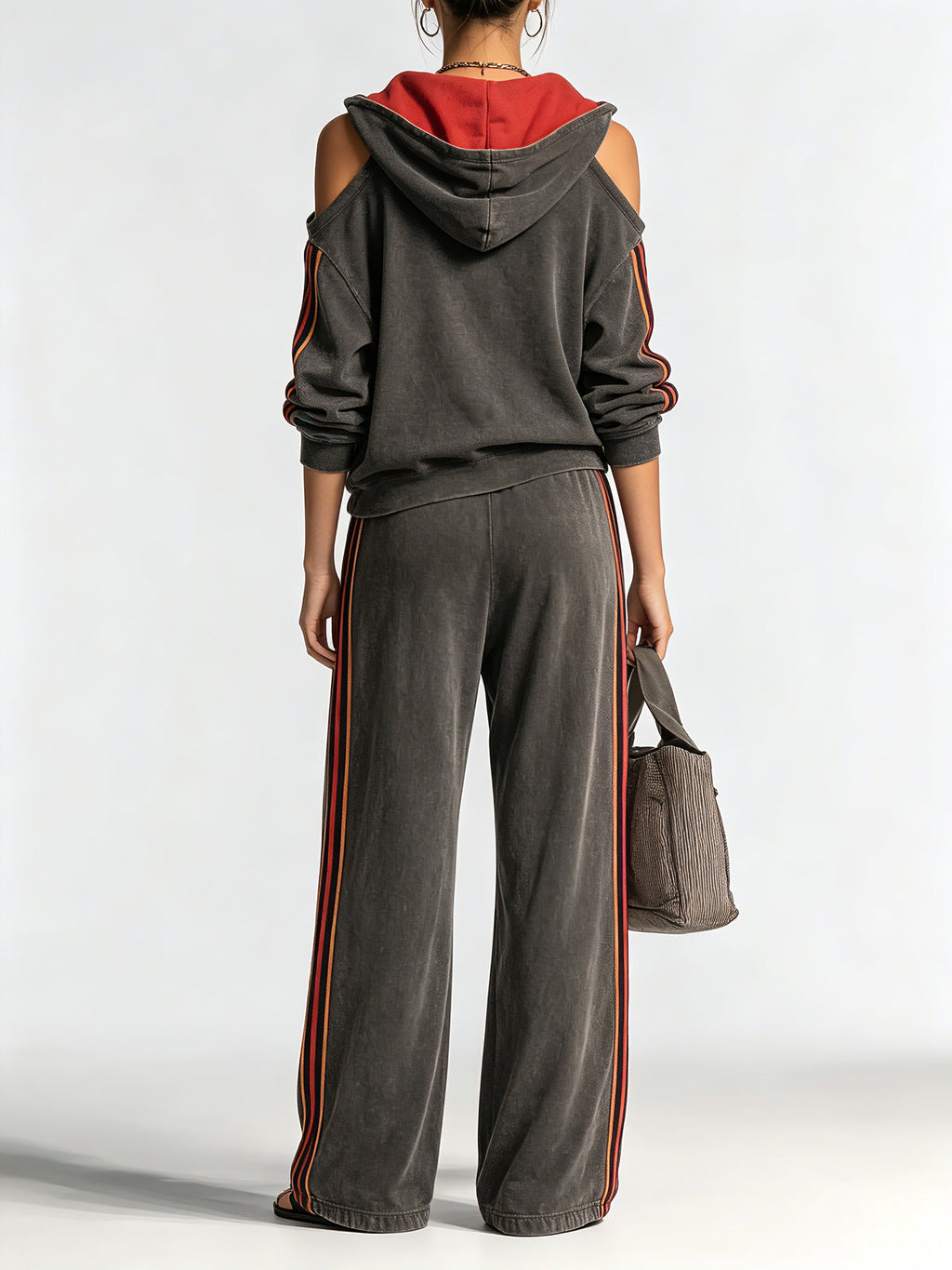 Women’s Contrast Stripe Tracksuit Set – Off Shoulder Hoodie Sweatshirt & Wide Leg Lounge Pants Two Piece Outfit