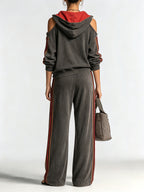 Women’s Contrast Stripe Tracksuit Set – Off Shoulder Hoodie Sweatshirt & Wide Leg Lounge Pants Two Piece Outfit
