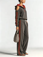 Women’s Contrast Stripe Tracksuit Set – Off Shoulder Hoodie Sweatshirt & Wide Leg Lounge Pants Two Piece Outfit