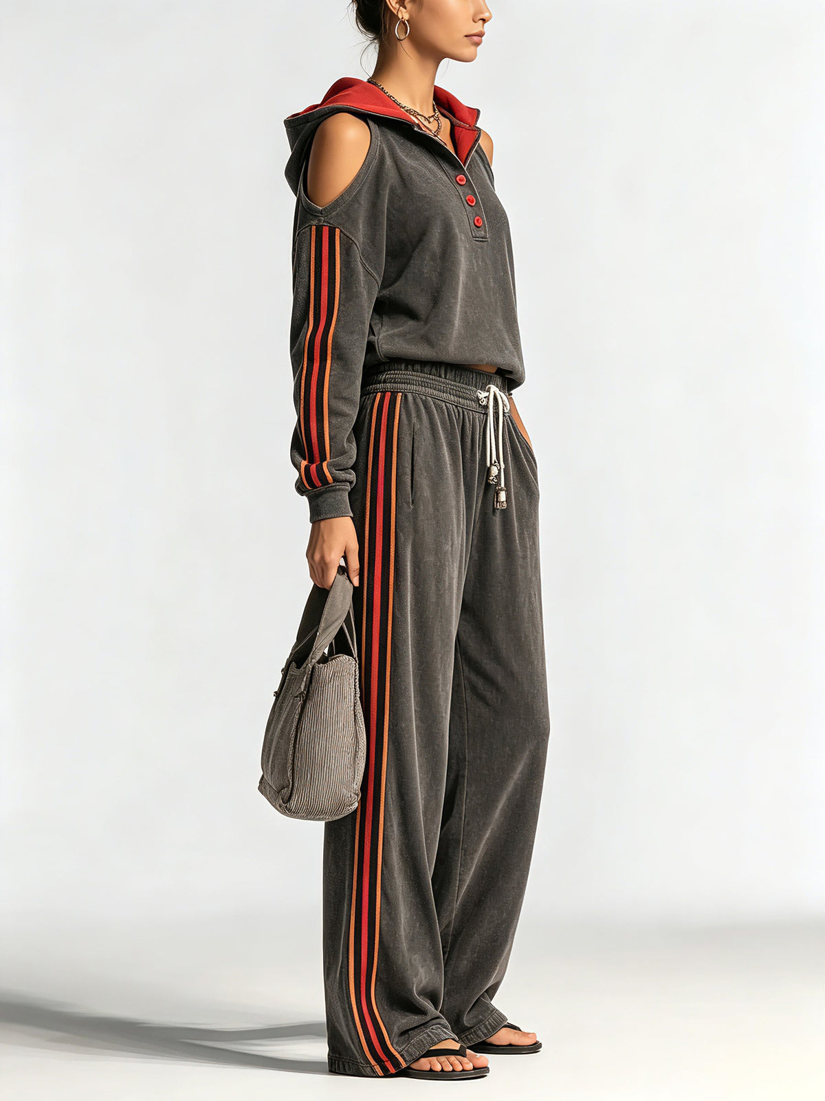 Women’s Contrast Stripe Tracksuit Set – Off Shoulder Hoodie Sweatshirt & Wide Leg Lounge Pants Two Piece Outfit