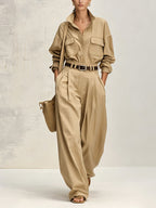 Women’s Beige Utility Shirt & Wide Leg Pants Set – Minimalist Two Piece Casual Outfit