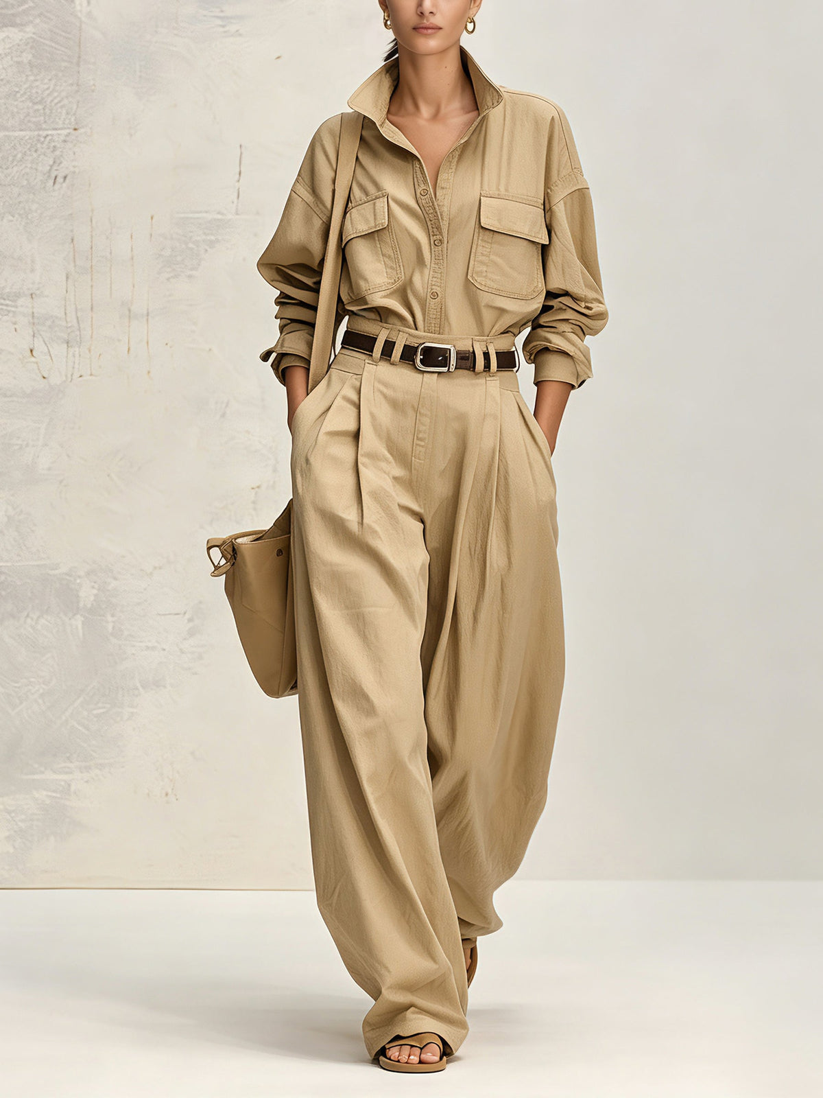 Women’s Beige Utility Shirt & Wide Leg Pants Set – Minimalist Two Piece Casual Outfit