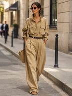 Women’s Beige Utility Shirt & Wide Leg Pants Set – Minimalist Two Piece Casual Outfit