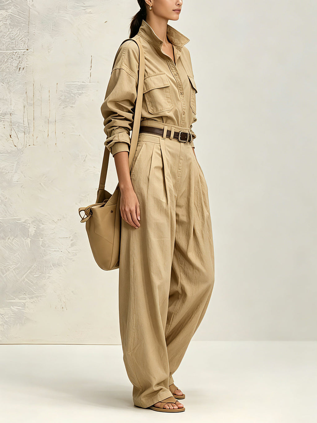 Women’s Beige Utility Shirt & Wide Leg Pants Set – Minimalist Two Piece Casual Outfit
