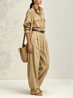 Women’s Beige Utility Shirt & Wide Leg Pants Set – Minimalist Two Piece Casual Outfit