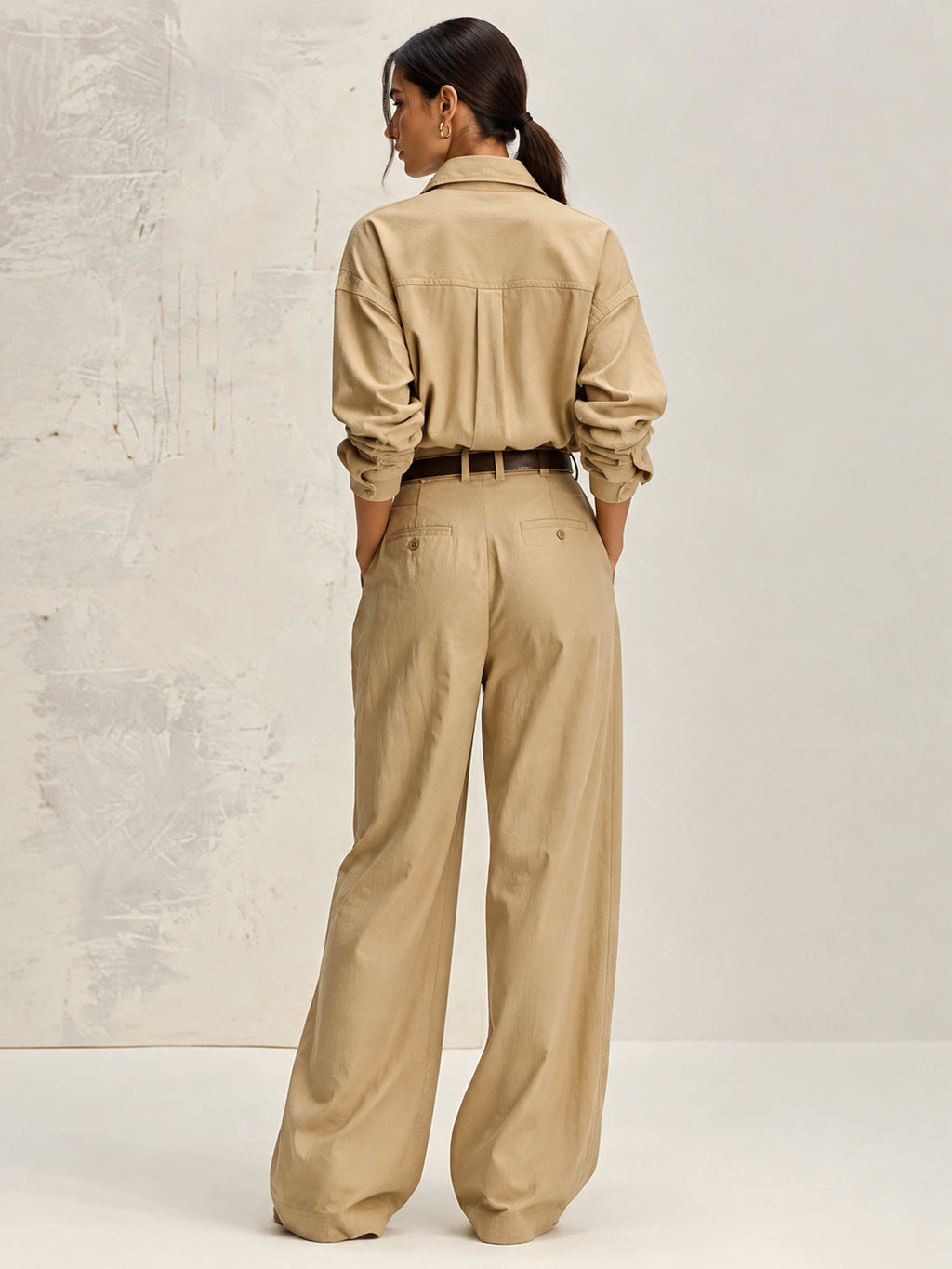 Women’s Beige Utility Shirt & Wide Leg Pants Set – Minimalist Two Piece Casual Outfit