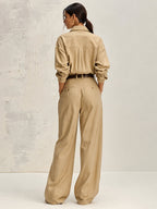 Women’s Beige Utility Shirt & Wide Leg Pants Set – Minimalist Two Piece Casual Outfit