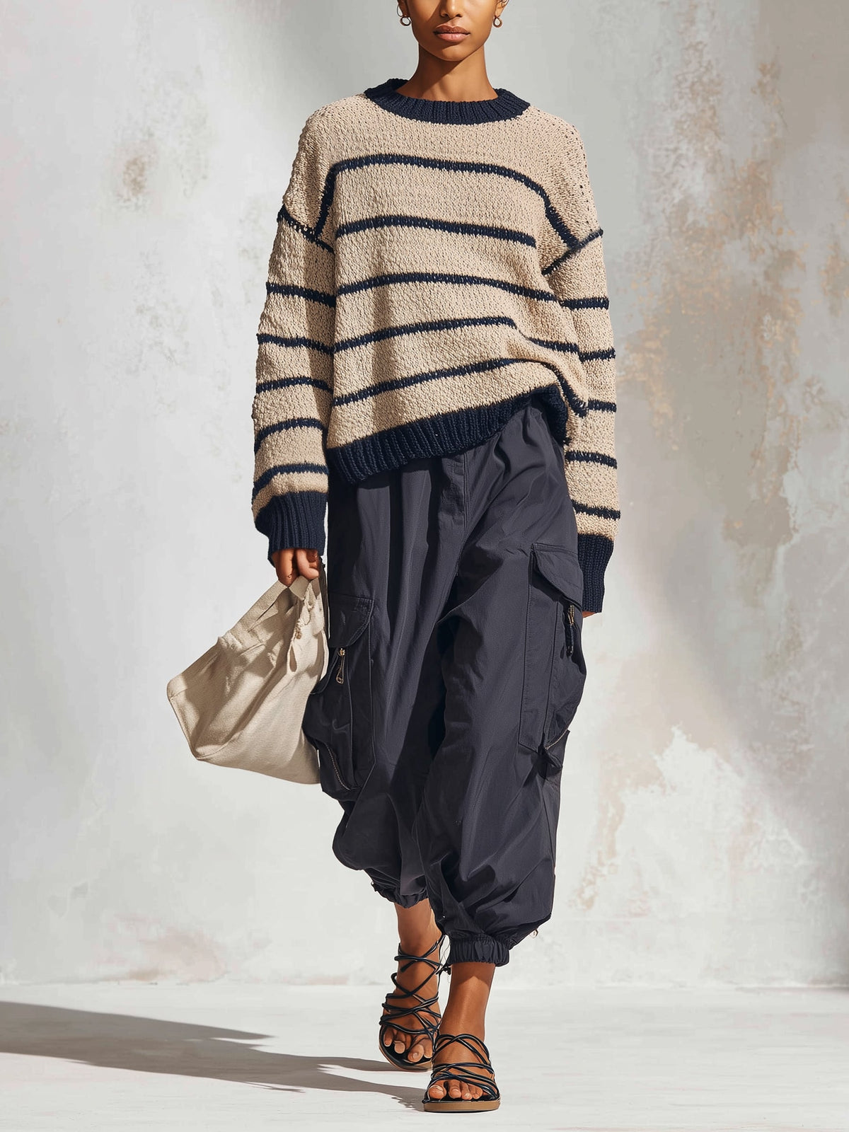 Women’s Striped Oversized Knit Sweater – Casual Navy & Beige Loose Fit Pullover With Cargo Pants Style